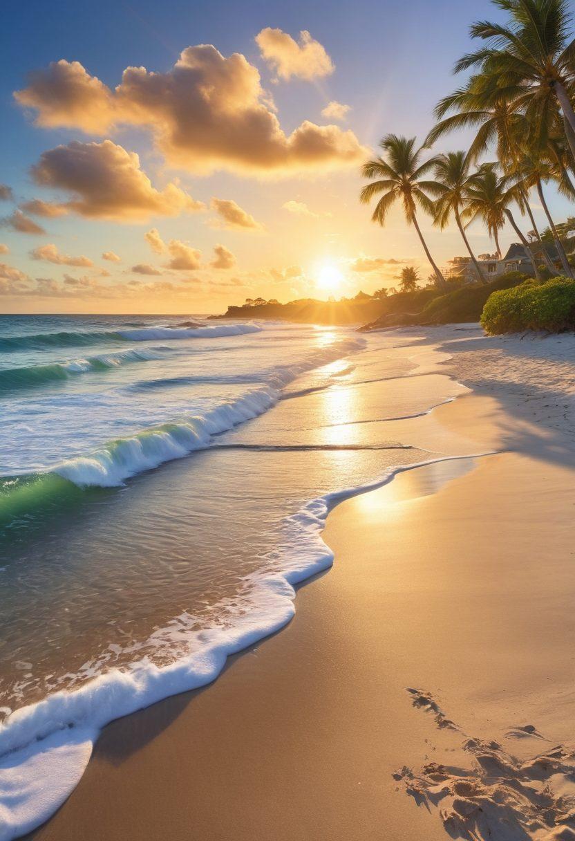 A picturesque coastal scene featuring a sunlit sandy beach with families playing in the surf, children building sandcastles, and colorful beach umbrellas dotting the shoreline. In the background, gentle waves roll in under a clear blue sky with fluffy white clouds. Palm trees sway softly in the breeze, adding to the serene atmosphere. Include a vibrant sunset to enhance the idyllic setting. vibrant colors. super-realistic.