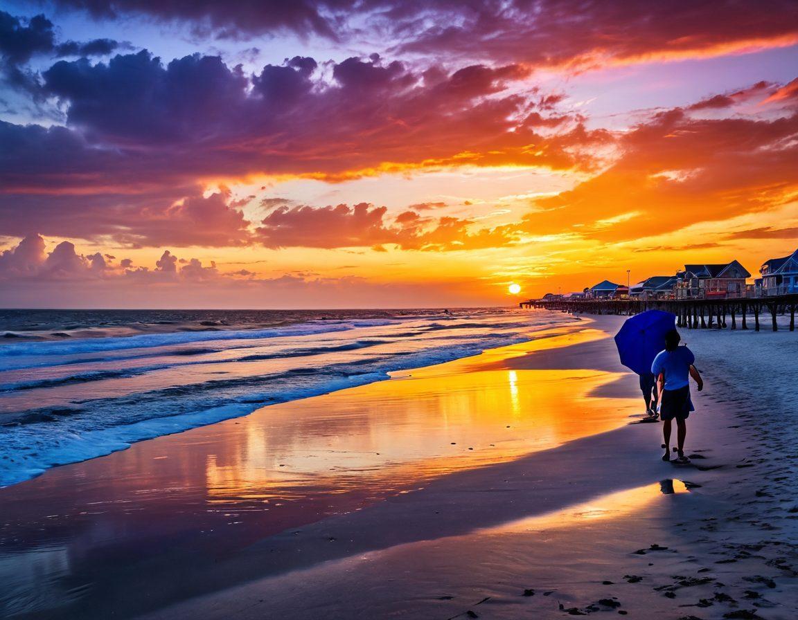 A scenic view of a vibrant sunset over Galveston Island, with a couple joyfully exploring the beach, children playing in the sand, and colorful beach umbrellas dotting the shoreline. In the background, a picturesque boardwalk lined with joyful tourists and food stalls, inviting an atmosphere of adventure and bliss. The overall mood exudes warmth and happiness, capturing the spirit of joyful getaways. super-realistic. vibrant colors. 3D.