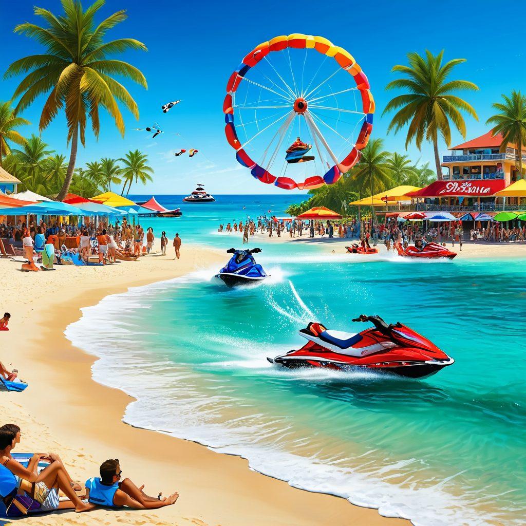 A vibrant beach scene featuring people engaging in various thrilling water sports like jet skiing and parasailing, with colorful local event decorations in the background. Include palm trees swaying in the breeze and a clear blue sky to evoke a sense of adventure and excitement. Incorporate smiling faces and a sense of community to highlight the local events. super-realistic. vibrant colors. sunny day.